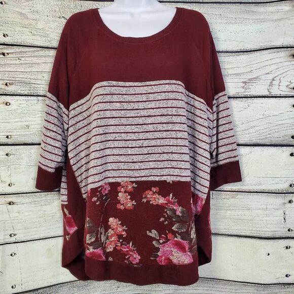 Maurices Women’s 1X Maroon Striped Floral Knit Top Oversized Sweater - Picture 1 of 8